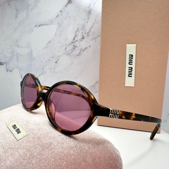 MIU MIU Sunglasses New Brown Tortoise Round Acetate Gold Metal Logo Authentic - Picture 12 of 16